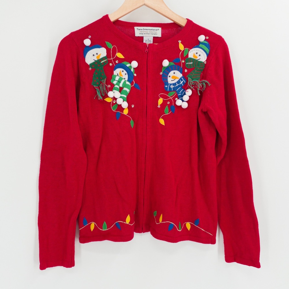 Tiara International Christmas Cardigan Women S Red Snowman Vintage 90s Kitschy
